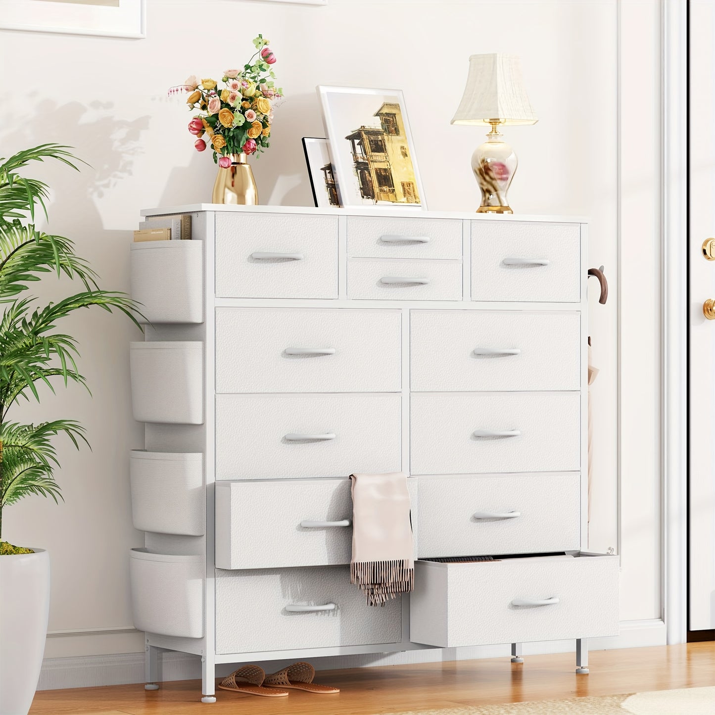 AOWOS 12 Drawer Fabric Dresser with Metal Frame And Wooden Tabletop, Chest of Drawers with Side Pockets And Hooks, Storage Dresser, Fabric Storage Tower, Fabric Drawer Organizer for Bedroom, Living Room, Closet, Hallway