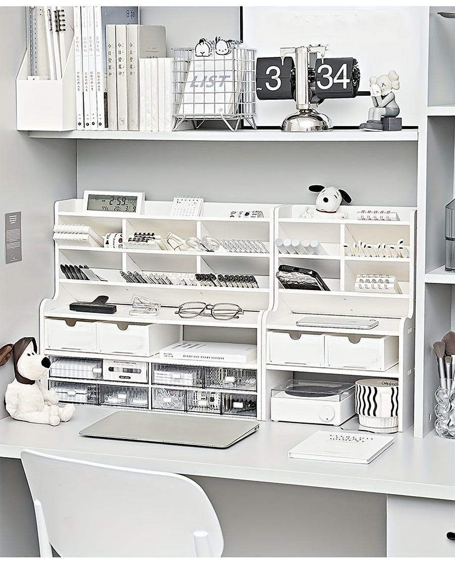 Ergonomic Double-Layer Dorm Desk Organizer with Slanted Pen Holder, Heightening Bookshelf & Drawer Storage - Matte White PVC, Ideal for Stationery, Cosmetics & Office Supplies, Dorm Room Organizer|Modern Desk Organizer|Compar
