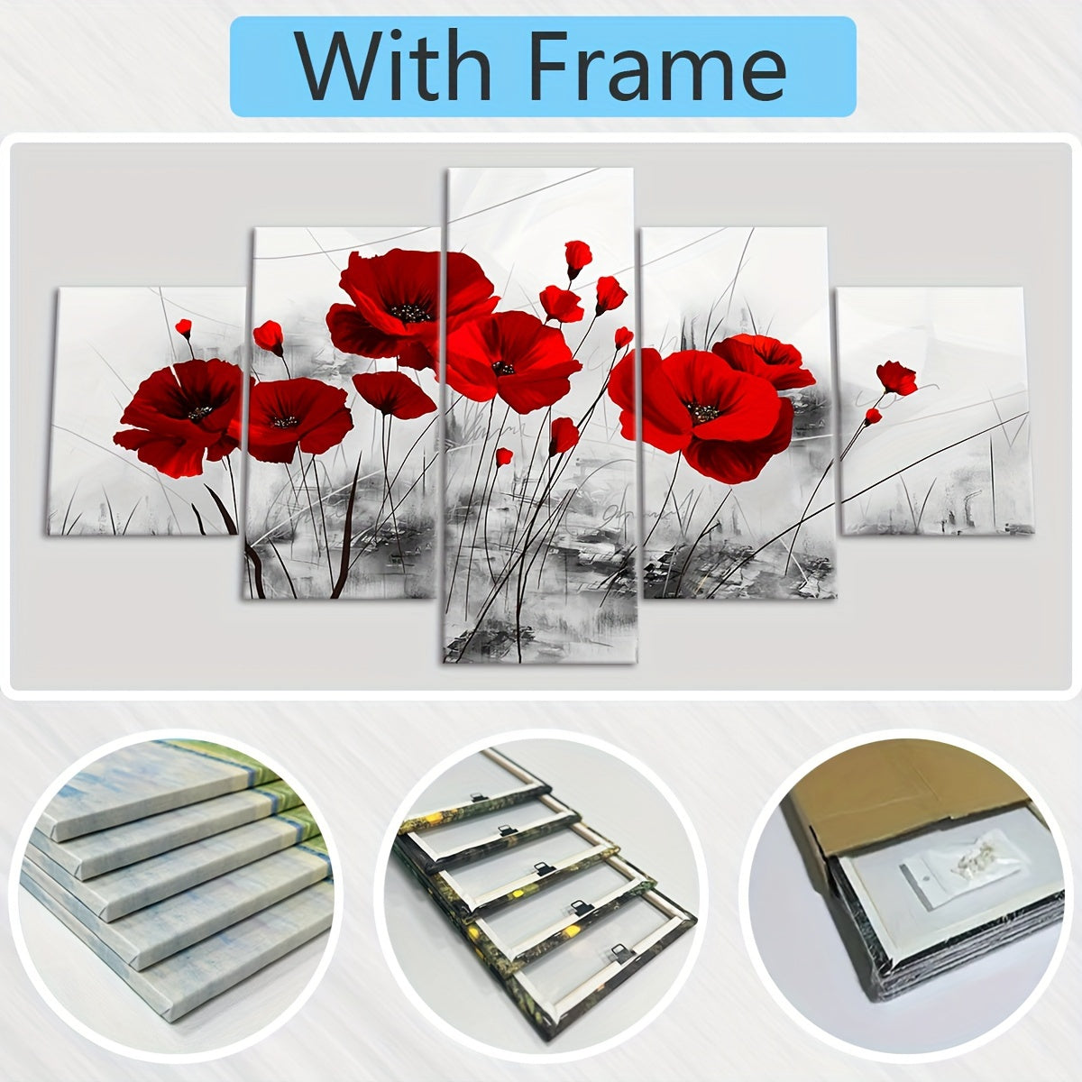 5pcs Modern Red Poppy Canvas Art Set - Vibrant Five-Panel Wall Decor, Waterproof & Odorless, Perfect for Living Room, Bedroom, or Kitchen, Ideal Gift for Family and Friends, Poppy Flower Decor