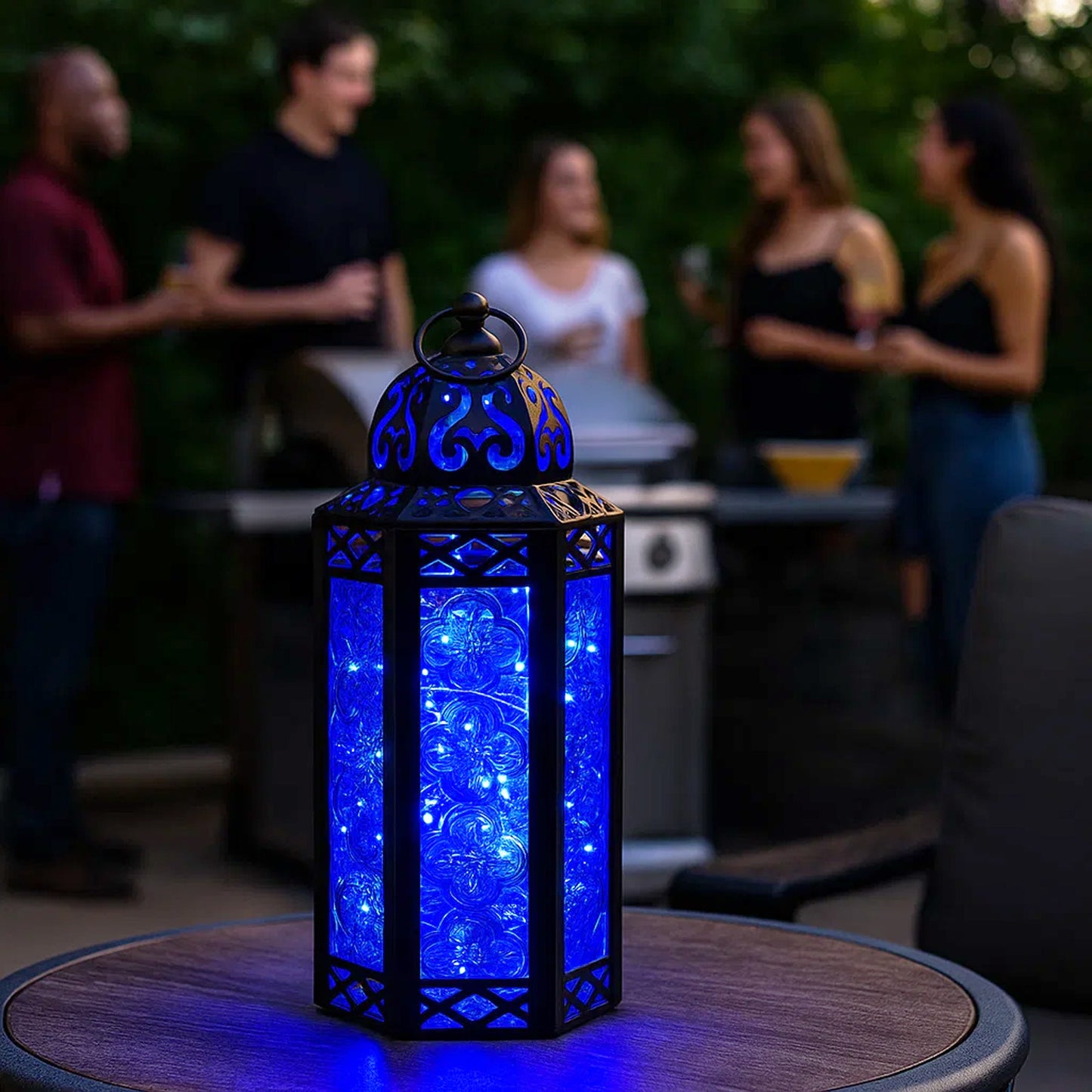 Stunning Ambient Lighting Safe and Stylish Glass Metal Moroccan Candle Lantern Holder Lamp with Battery-Operated LED Lights plus Remote Control – Handcrafted Lantern with Intricate Design and Embossed Glass, Indoor Home Dec
