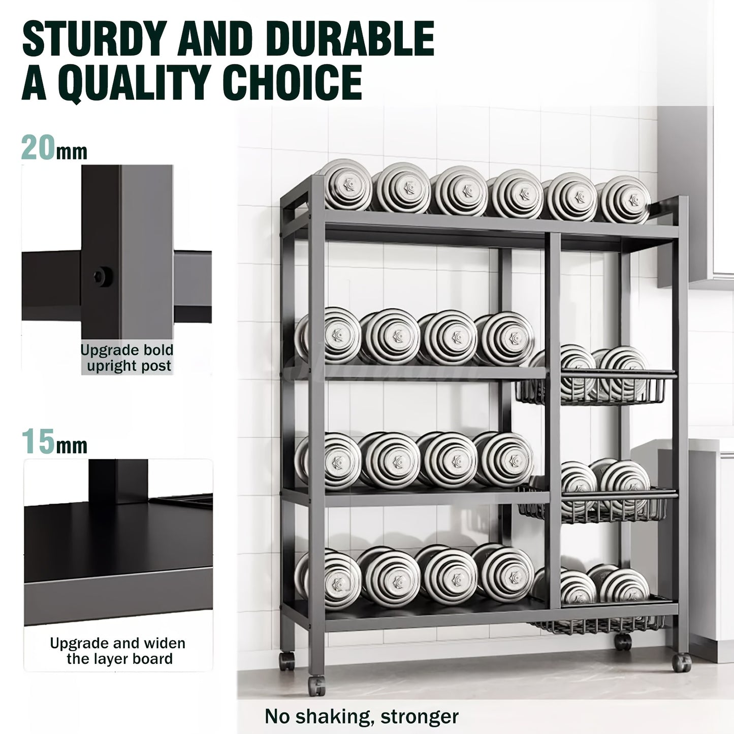 Movable Storage Rack, Adjustable 4-Layer Storage Rack with 3 Wire Baskets