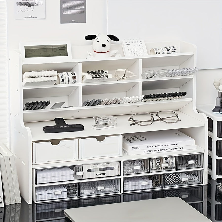 Ergonomic Double-Layer Dorm Desk Organizer with Slanted Pen Holder, Heightening Bookshelf & Drawer Storage - Matte White PVC, Ideal for Stationery, Cosmetics & Office Supplies, Dorm Room Organizer|Modern Desk Organizer|Compar