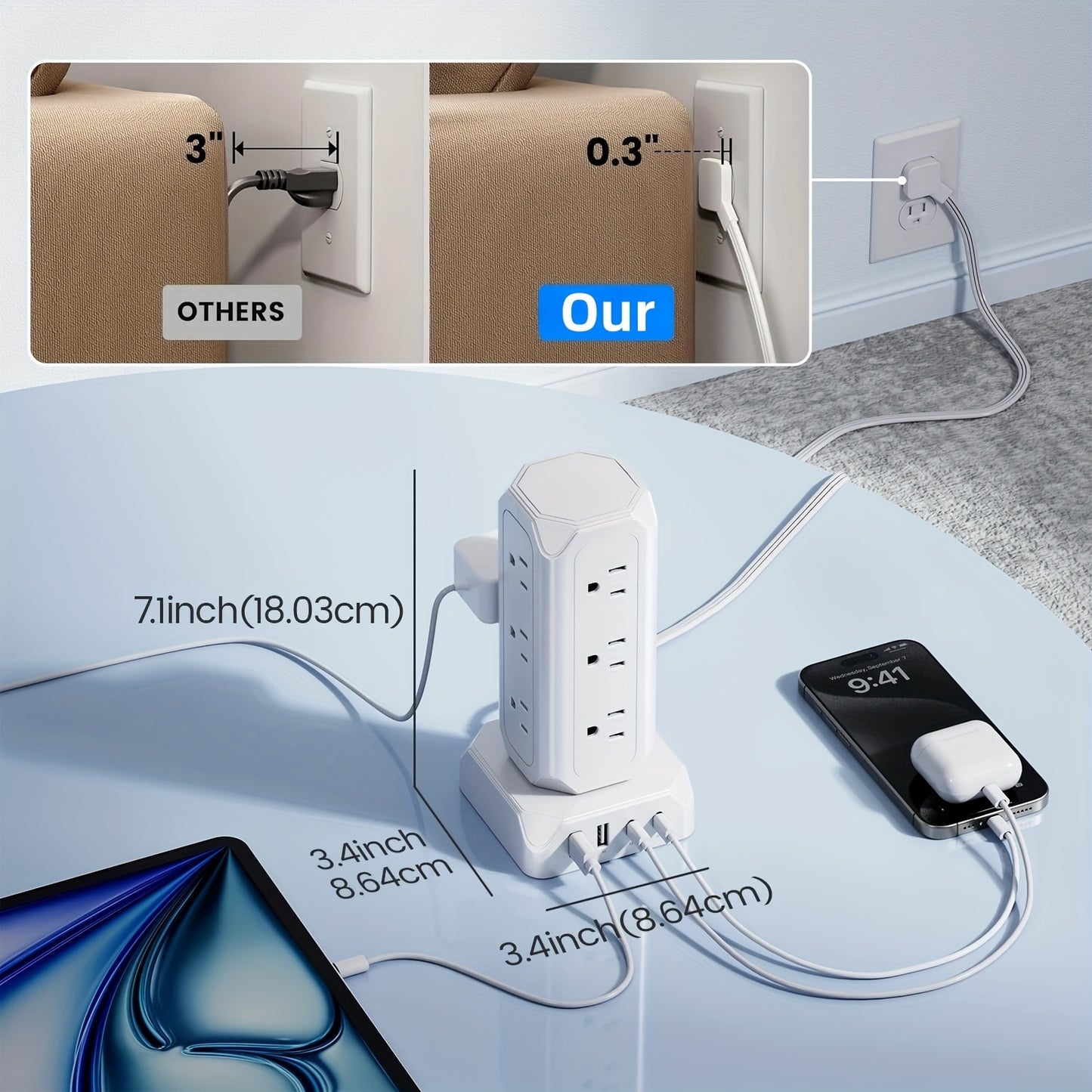 12 Outlets(1625W/13A) Power Strip Tower with 35W USB(2 USB-A & 2 USB-C) Charging Station, 20W PD Fast Charger, Surge Protector, 6.5/10/15ft Flat Plug Extension Cord with Multiple Outlets for Home, Office, Dorm, Multi Outlet P