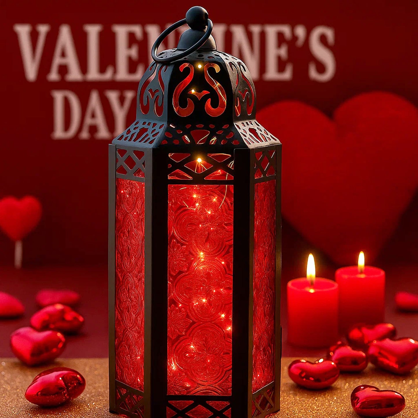 Stunning Ambient Lighting Safe and Stylish Glass Metal Moroccan Candle Lantern Holder Lamp with Battery-Operated LED Lights plus Remote Control – Handcrafted Lantern with Intricate Design and Embossed Glass, Indoor Home Dec