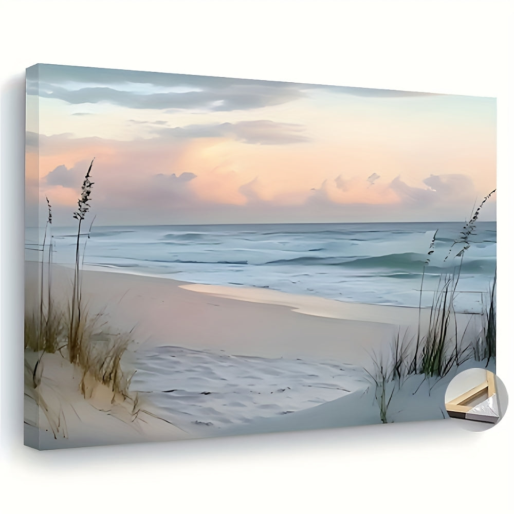 1pc Wooden Framed Canvas Beach Seascape Wall Art - Serene Ocean View with Dunes & Coastal Grass, Waterproof Canvas Print, Wrap-Around Frame for Home & Office Decor, Wedding, Anniversary, Graduation Class of 25 Decorations, We
