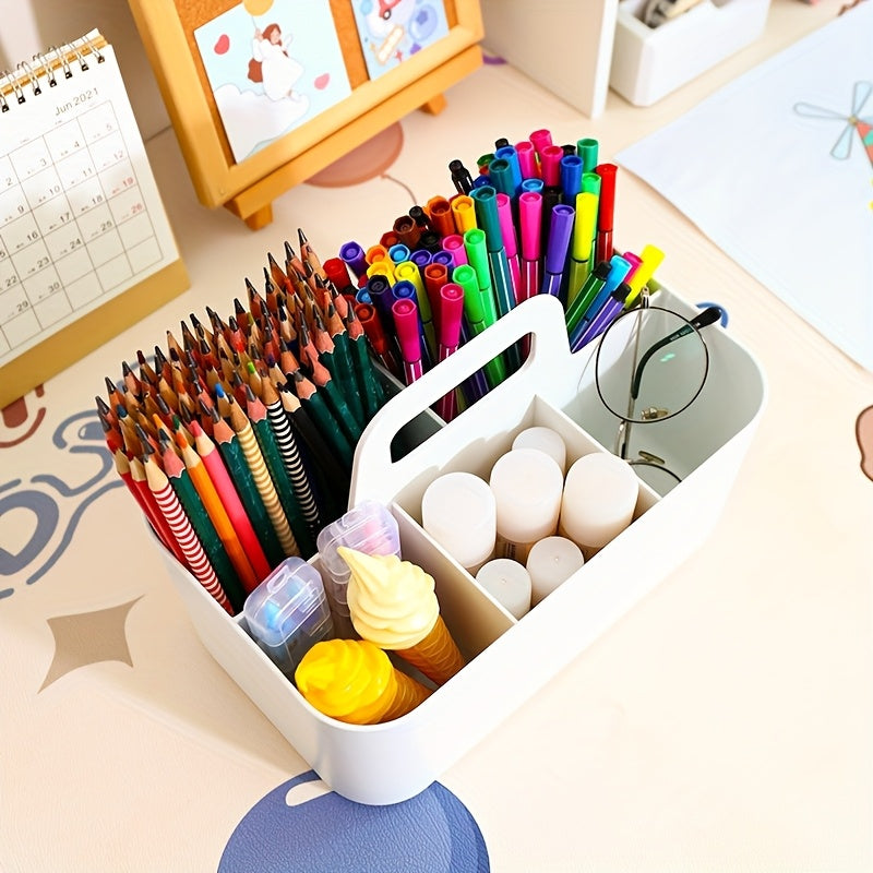 1pc Large Capacity PP Material Portable Storage Box with Multi-Compartment, Sturdy Handle - Organizer for Markers, Pens, Stationery, Office Supplies, Art Supplies Storage|Multi-Compartment Organizer|Durable PP Material