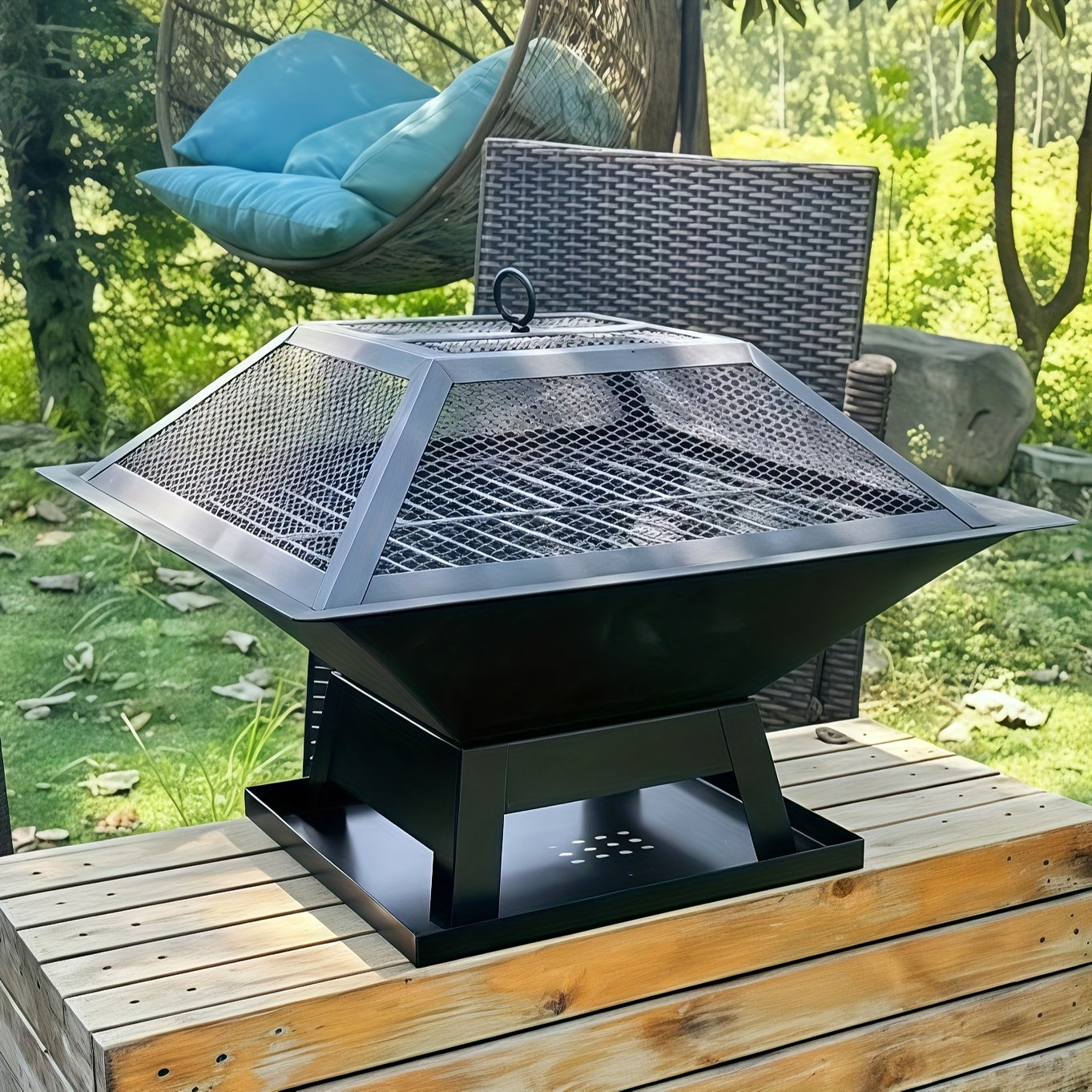 18.5-inch Outdoor Fire Pit, Charcoal Fire Grill, Equipped with Charcoal Hook, Fireproof Cover, Portable Barbecue Grill, Firewood Burning for Heating, Suitable for Bonfire, Camping, Multi Person Dinner Parties