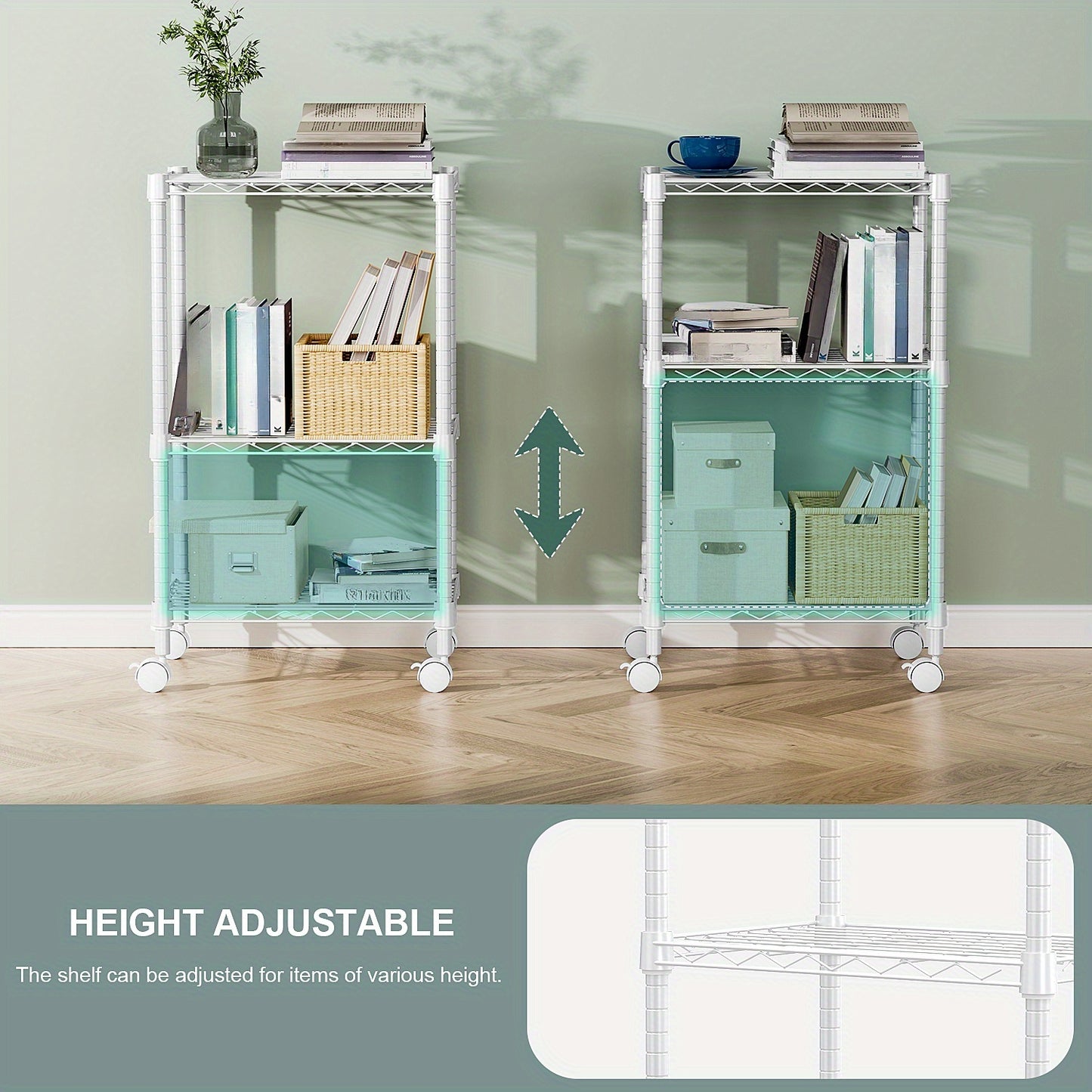 Adjustable Height Heavy-Duty Steel Wire Shelving Unit with 4-Wheel Mobility & Leveling Feet - 3-Tier Metal Storage Shelves with Chrome Finish, Space-Saving Freestanding Organizer for Kitchen, Bathroom, Garage, Laundry Room -
