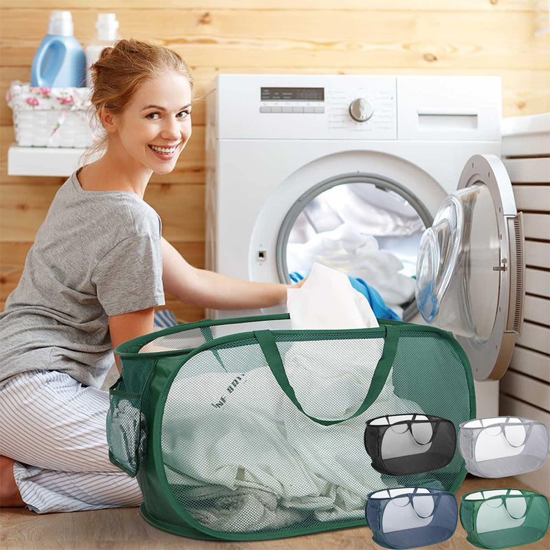 Upgraded Reinforced Portable Dirty Clothes Basket & Hollow Toy Storage Basket - Featuring a Sturdy Mesh Pop-Up Laundry Basket with Side Pockets, Suitable for Laundry Rooms, Bathrooms, Kids' Rooms, Dorms, or Travel.