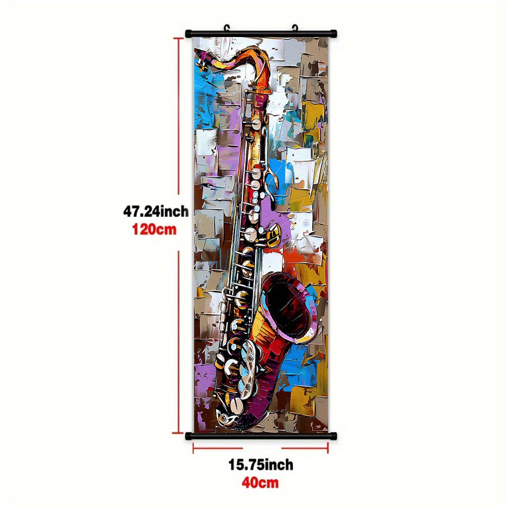 - 3pcs Vibrant Music Hanging Scroll Painting Set Showcasing Notes, Guitar and Saxophone Art, Artwork Wall Art Bathroom Bedroom Living Room Wall Decor, Home Decor, Aesthetic Room Decoration
