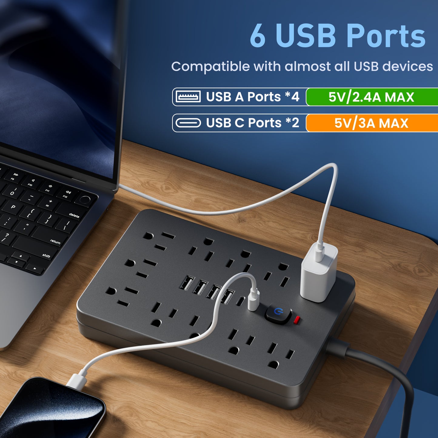 17-in-1 Power Strip - 11 Outlets, 6 USB Ports (4A & 2C), Flexible Cord, Wall Mountable, Surge Protection for Home, Office, Dorm, Desktop Charging Station