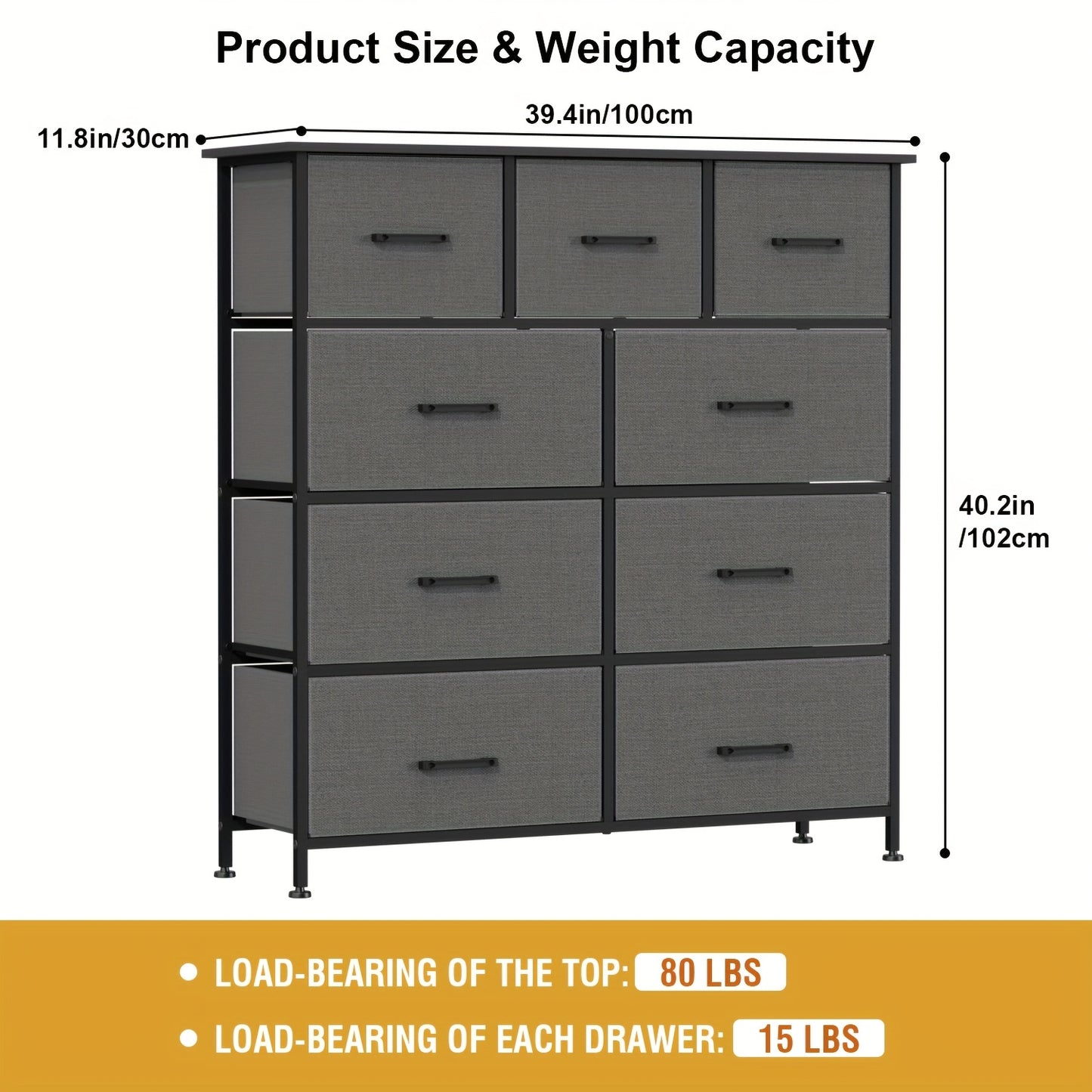 5/8/9 Fabric Drawers Dresser For Bedroom, Storage Drawers, Chest Organizer Units With Wooden And Steel Frame Top For Bedroom, Living Room, Closet, Living Room, Entryway, Black/Grey/Nature