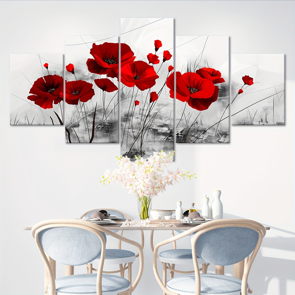 5pcs Modern Red Poppy Canvas Art Set - Vibrant Five-Panel Wall Decor, Waterproof & Odorless, Perfect for Living Room, Bedroom, or Kitchen, Ideal Gift for Family and Friends, Poppy Flower Decor