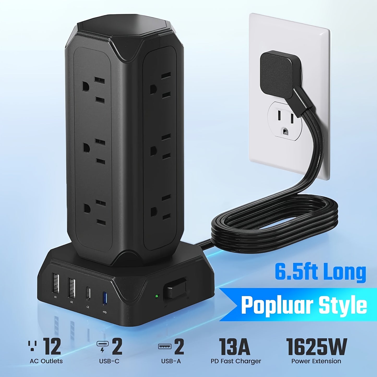 12 Outlets(1625W/13A) Power Strip Tower with 35W USB(2 USB-A & 2 USB-C) Charging Station, 20W PD Fast Charger, Surge Protector, 6.5/10/15ft Flat Plug Extension Cord with Multiple Outlets for Home, Office, Dorm, Multi Outlet P