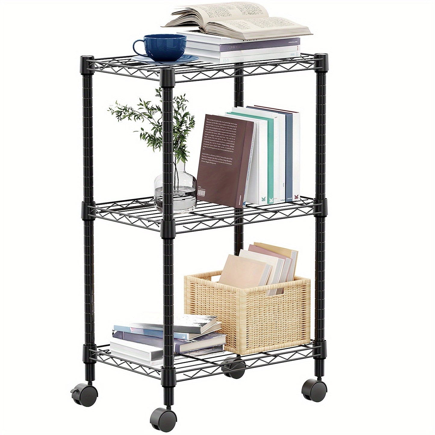 Adjustable Height Heavy-Duty Steel Wire Shelving Unit with 4-Wheel Mobility & Leveling Feet - 3-Tier Metal Storage Shelves with Chrome Finish, Space-Saving Freestanding Organizer for Kitchen, Bathroom, Garage, Laundry Room -