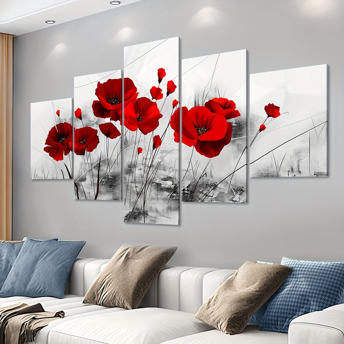 5pcs Modern Red Poppy Canvas Art Set - Vibrant Five-Panel Wall Decor, Waterproof & Odorless, Perfect for Living Room, Bedroom, or Kitchen, Ideal Gift for Family and Friends, Poppy Flower Decor