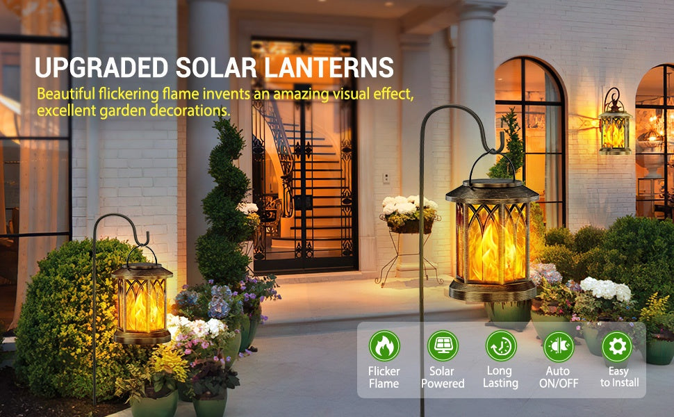 2pcs Solar Lantern Lights Outdoor, Upgraded Flickering Flame Effect,, Hanging Solar Powered Lanterns for Yard and Garden Decor, Black and Bronze, Outdoor Lights