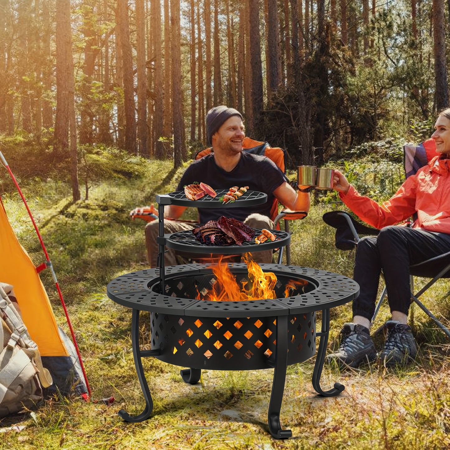1pc, Fire Pit, 36''Fire Pit, 3-in-1 Fire Pit With Two Grills, Metal Lid, Poker, Outdoor Wood Burning Fire Pit & BBQ With Round Metal Table For Patio, Picnic, And Party