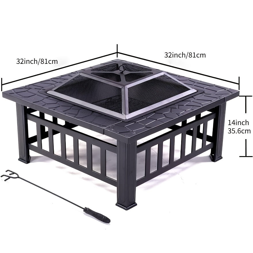 32-inch 3-in-1 Square Fire Pit Table with BBQ Grill - Heavy-Duty Rust-Proof Steel Outdoor Firepit, Includes Rain Cover & Fire Poker, Portable Camping & Backyard Essential for Patio, Garden, Thanksgiving & Christmas Gatherings