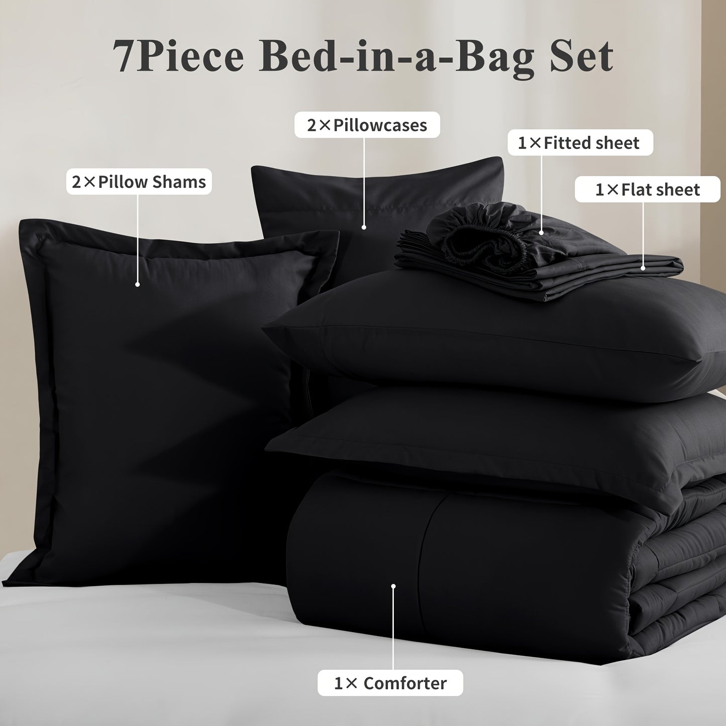 7pcs Ultra-Soft Bed In A Bag, Down Alternative Bedding Sets with All Season Quilted Comforter, Flat Sheet, Fitted Sheet, Pillowcases - Gifts for The Family And Friends, RUIKASI, Machine Washable, Polyester 100, Acrylic 15, Sa