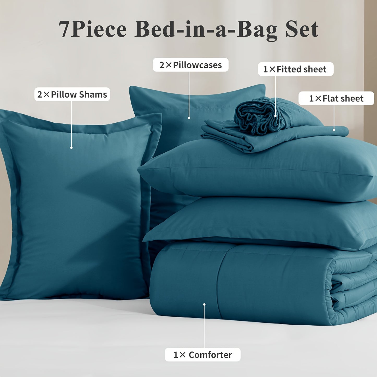 7pcs Ultra-Soft Bed In A Bag, Down Alternative Bedding Sets with All Season Quilted Comforter, Flat Sheet, Fitted Sheet, Pillowcases - Gifts for The Family And Friends, RUIKASI, Machine Washable, Polyester 100, Acrylic 15, Sa
