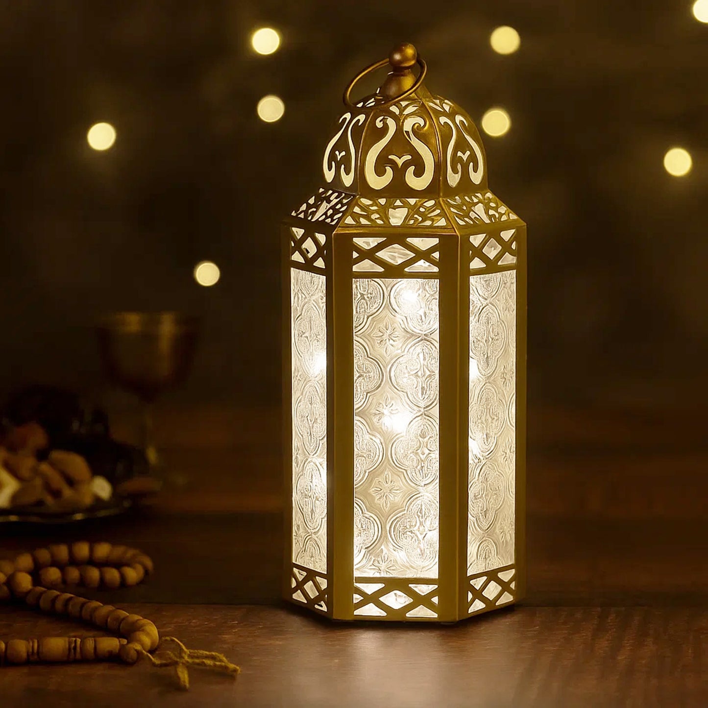 Stunning Ambient Lighting Safe and Stylish Glass Metal Moroccan Candle Lantern Holder Lamp with Battery-Operated LED Lights plus Remote Control – Handcrafted Lantern with Intricate Design and Embossed Glass, Indoor Home Dec