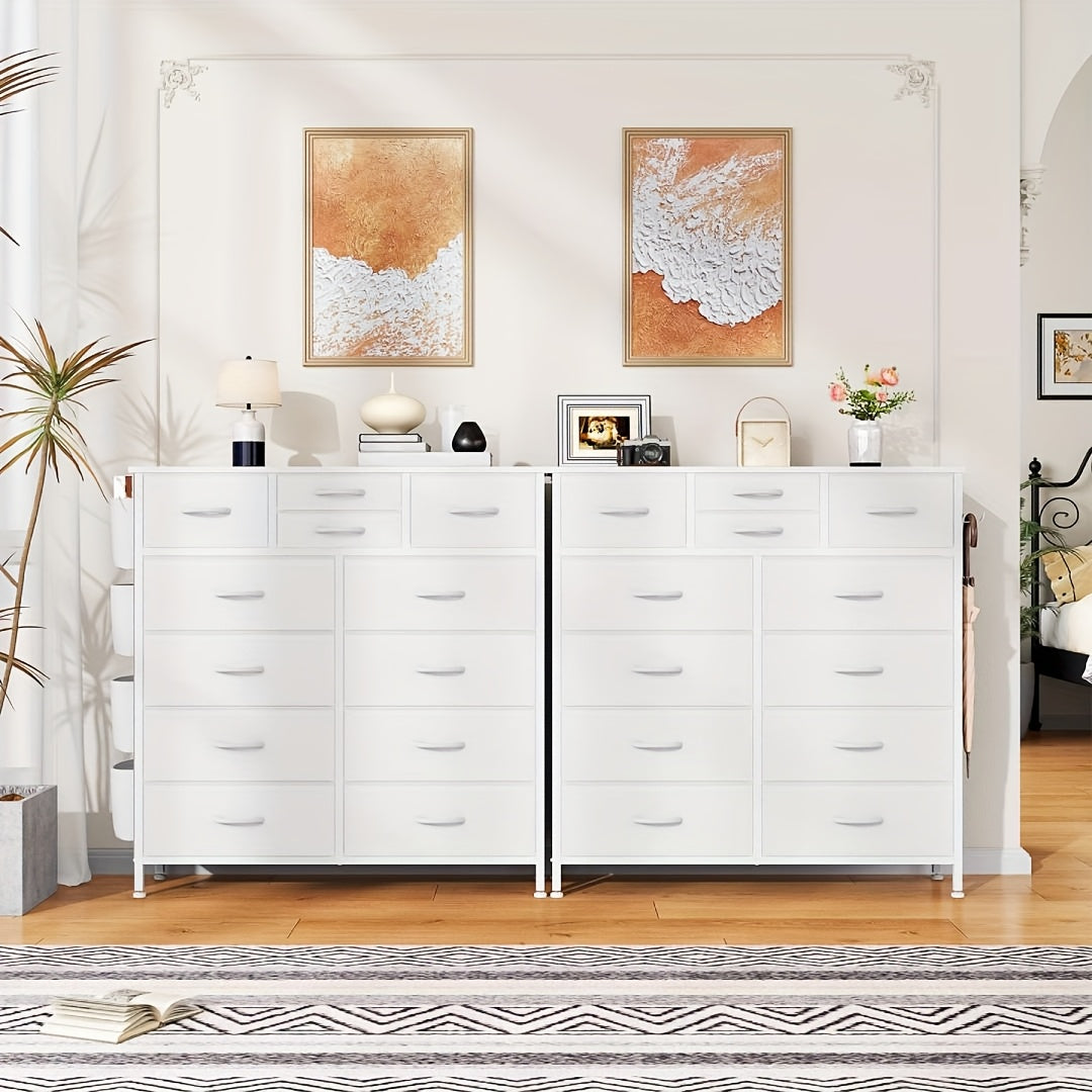 AOWOS 12 Drawer Fabric Dresser with Metal Frame And Wooden Tabletop, Chest of Drawers with Side Pockets And Hooks, Storage Dresser, Fabric Storage Tower, Fabric Drawer Organizer for Bedroom, Living Room, Closet, Hallway