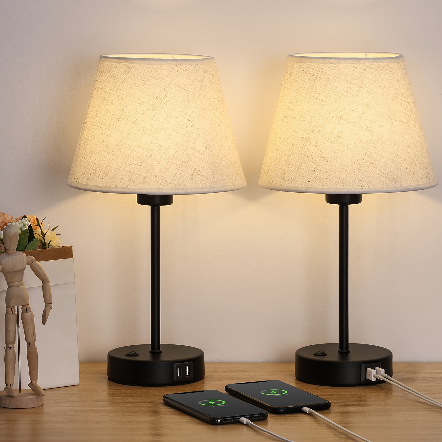 Table Lamps Set Of 2 with Dual USB Charging Ports, Modern Bedside Lamps Perfect for Bedroom, Living Room, Study Room