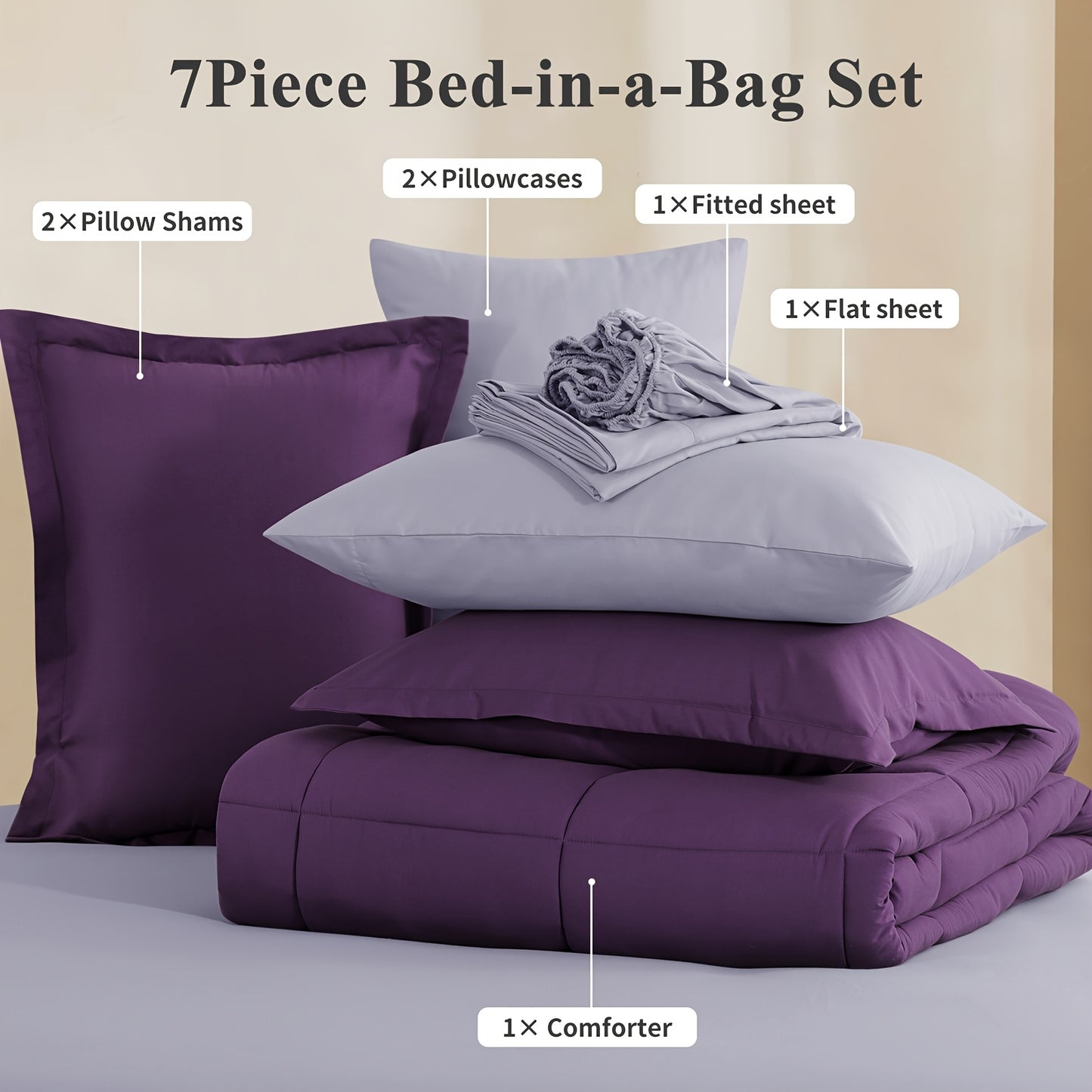 7pcs Ultra-Soft Bed In A Bag, Down Alternative Bedding Sets with All Season Quilted Comforter, Flat Sheet, Fitted Sheet, Pillowcases - Gifts for The Family And Friends, RUIKASI, Machine Washable, Polyester 100, Acrylic 15, Sa