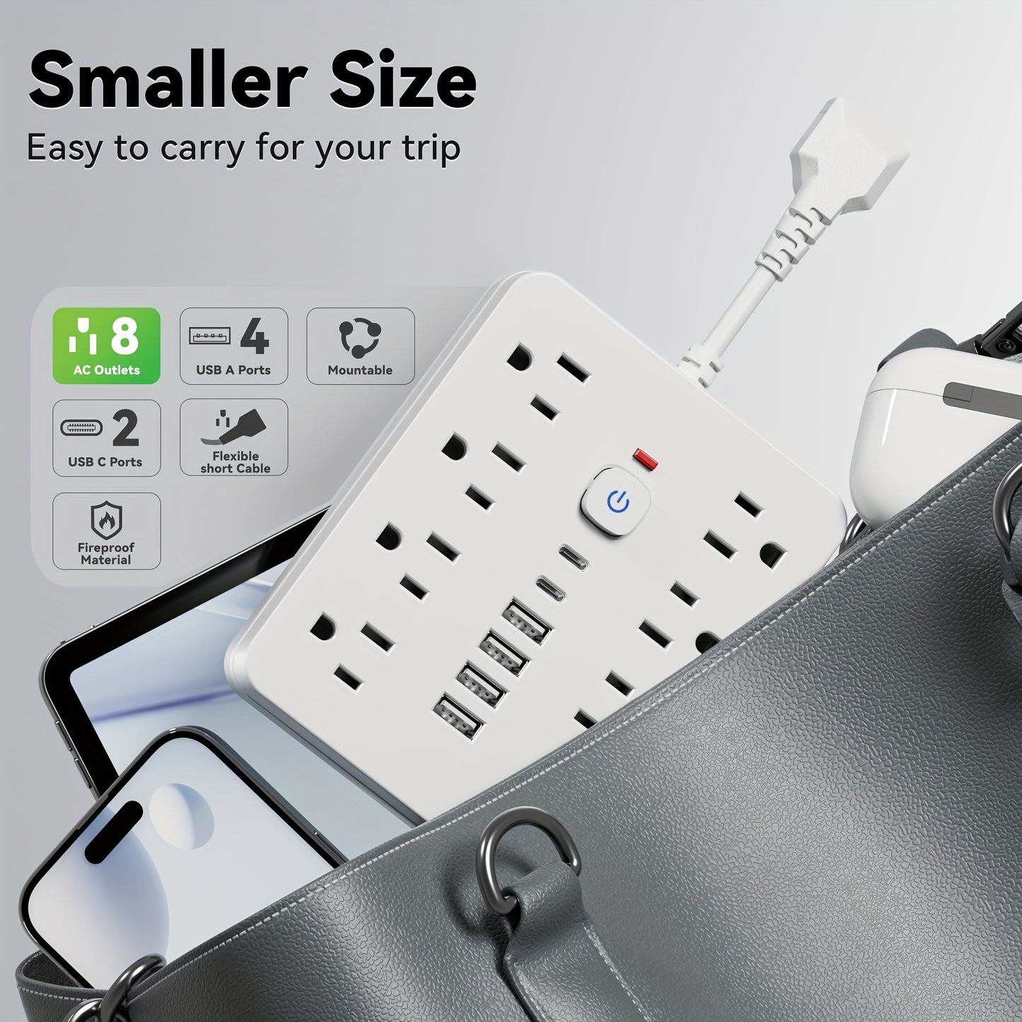 1pc Rectangle USB Charging Station, 8 Outlets with 6 USB (2 USB C) Charging Ports, Multi Plug Outlet Extender, Flexible short charging cable, Flat Plug, Wall Mount, with Surge Protection, On and off switch, 110V/220V Power Su
