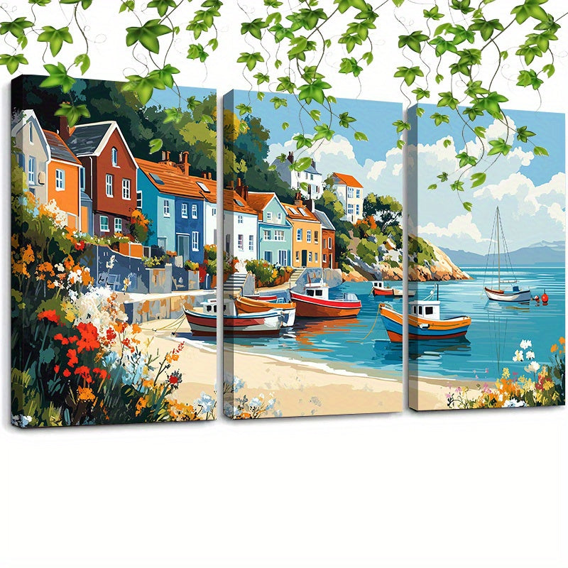 Coastal Village Canvas Wall Art - 3pcs Framed Boat and Seaside Town Print Set - 12x16 Inch Ready to Hang Paintings for Living Room, Dining Area Decoration