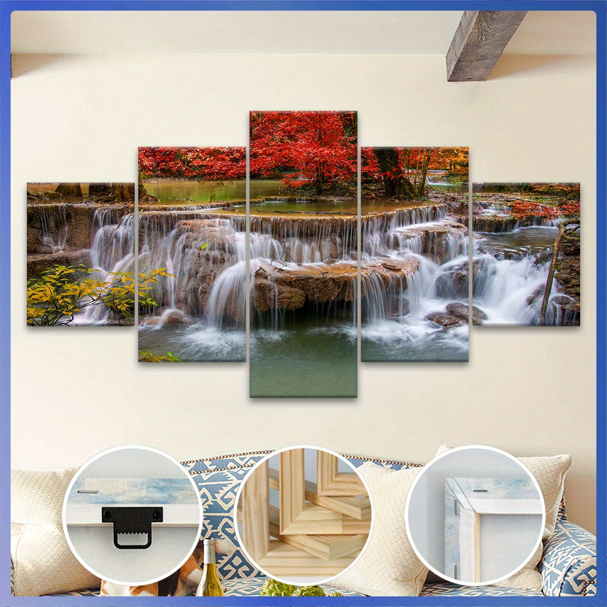 5pcs Wooden Framed Canvas, Jungle And Stream Theme Poster, Pattern Art for Home Decoration, Wall Decor for Living Room, Bedroom, Office, Bar, Restaurant, High Quality Waterproof Painting, HD Artwork.