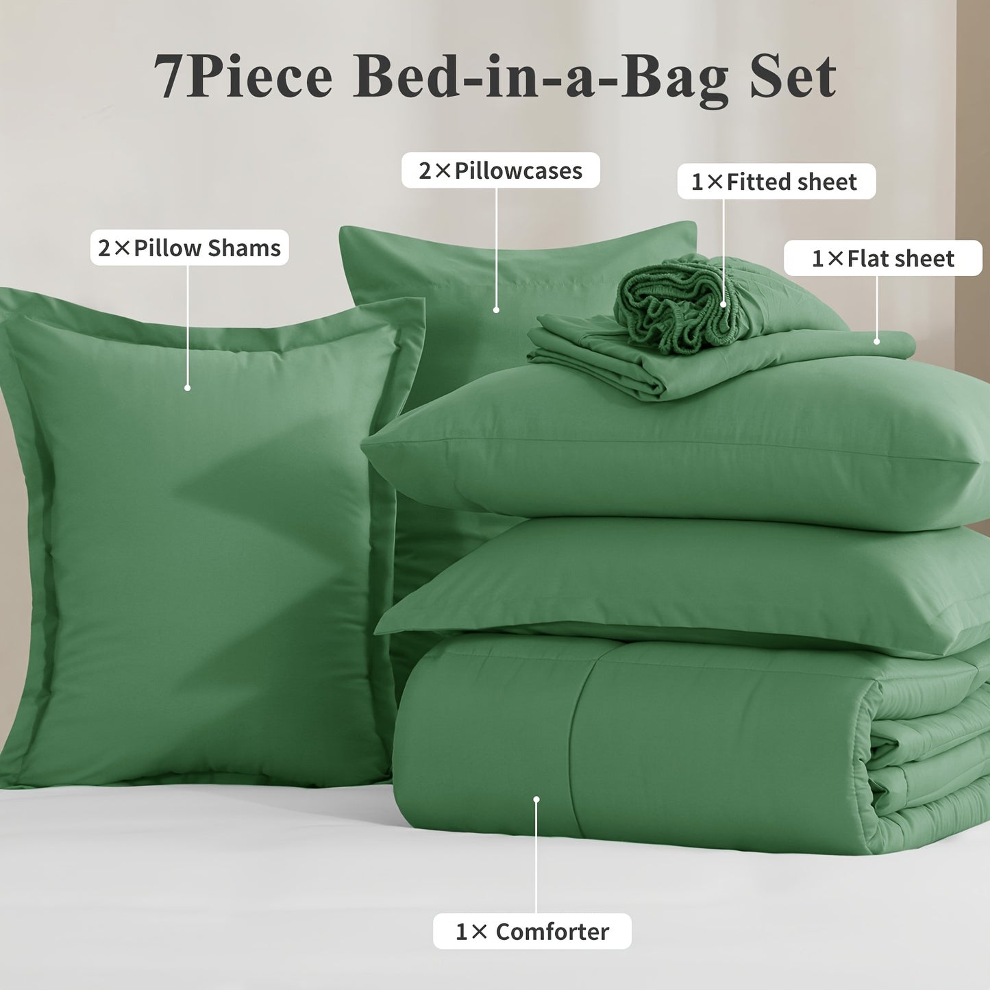 7pcs Ultra-Soft Bed In A Bag, Down Alternative Bedding Sets with All Season Quilted Comforter, Flat Sheet, Fitted Sheet, Pillowcases - Gifts for The Family And Friends, RUIKASI, Machine Washable, Polyester 100, Acrylic 15, Sa