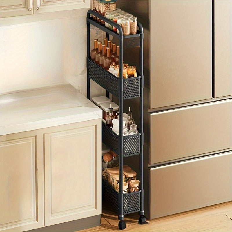 Space-Saving 5.12-Inch Narrow Storage Cabinet - 3-Tier Durable Plastic Freestanding Organizer with Wheels, Black & White Matte Design, Suitable for Bathroom, Kitchen, Living Room - Easy Assembly, Under 30 lbs Capacity, Vertic