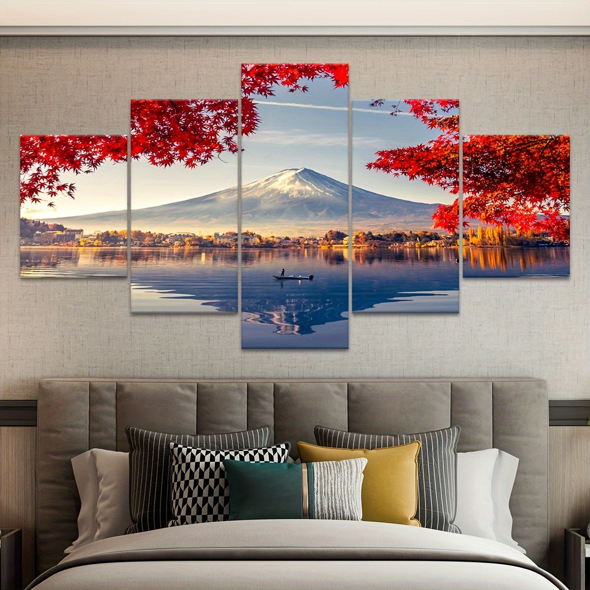 5pcs Frame Snowy Mountains And Lakes Maple Leaf Tree Canvas Poster, Natural Landscape Five Panel Scene Art, Modular Picture, Print Painting, Modern Art, Ideal Decor for Bedroom Living Room Kitchen Dorm, Wall Decoration, Gift