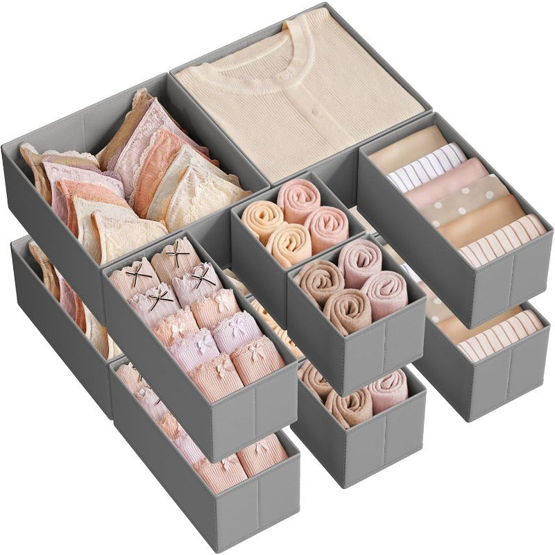Dove Gray Drawer Organizer, Set of 12 Foldable Fabric Storage Bins for Socks, Underwear, Bras, Ties, Scarves, Dresser Drawer Organizers