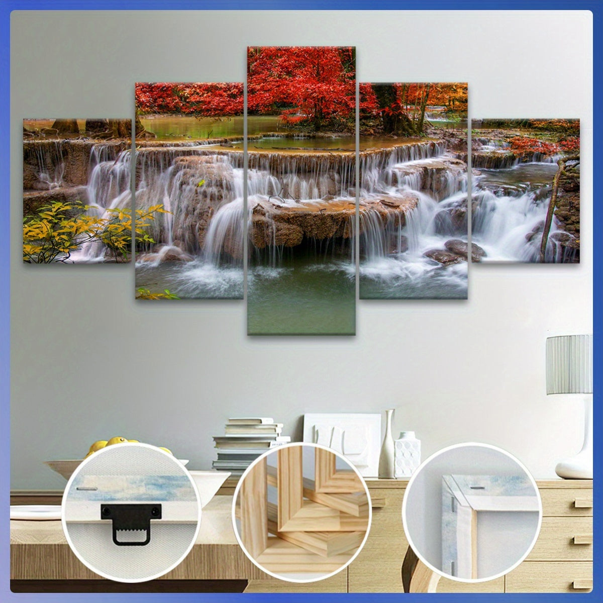 5pcs Wooden Framed Canvas, Jungle And Stream Theme Poster, Pattern Art for Home Decoration, Wall Decor for Living Room, Bedroom, Office, Bar, Restaurant, High Quality Waterproof Painting, HD Artwork.