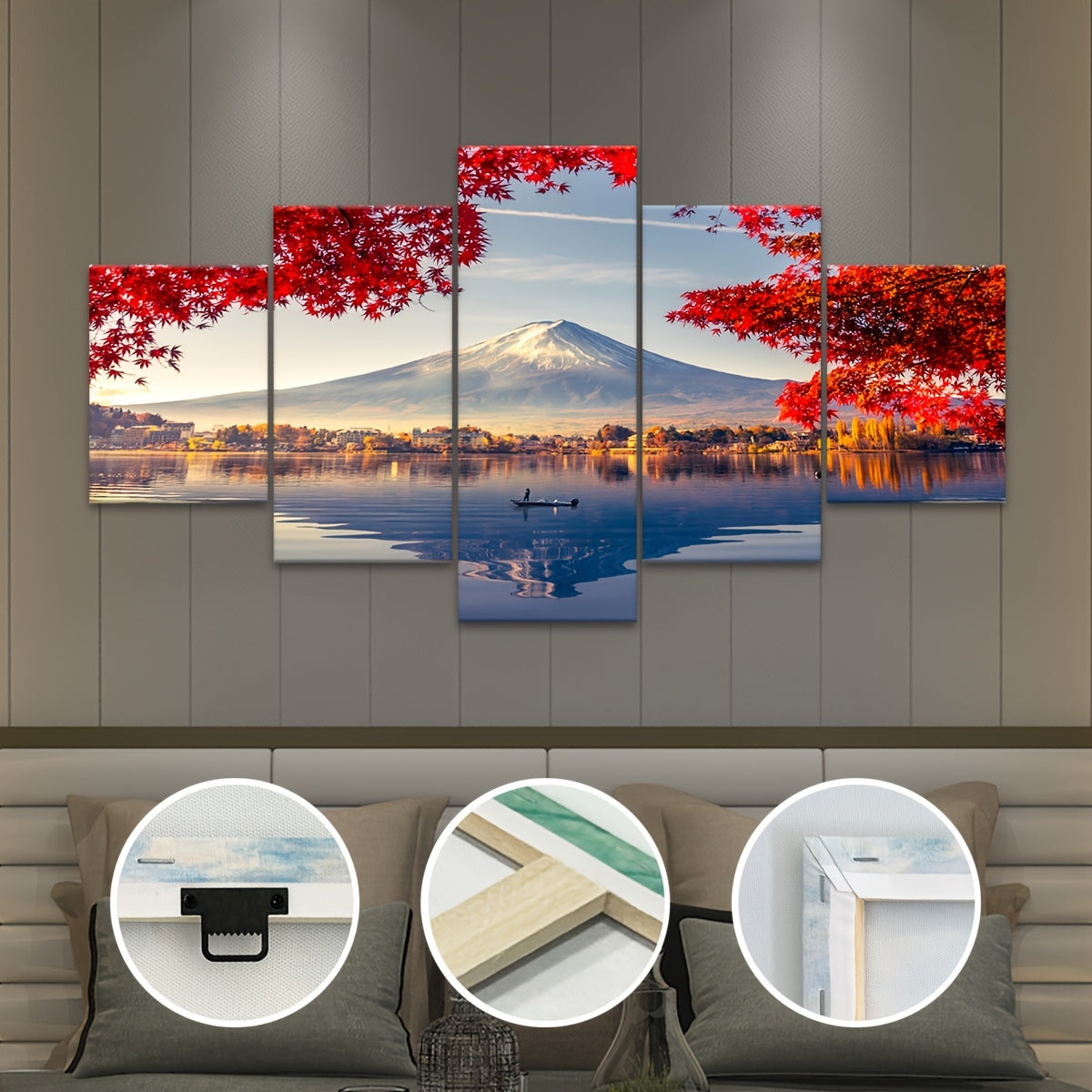 5pcs Frame Snowy Mountains And Lakes Maple Leaf Tree Canvas Poster, Natural Landscape Five Panel Scene Art, Modular Picture, Print Painting, Modern Art, Ideal Decor for Bedroom Living Room Kitchen Dorm, Wall Decoration, Gift