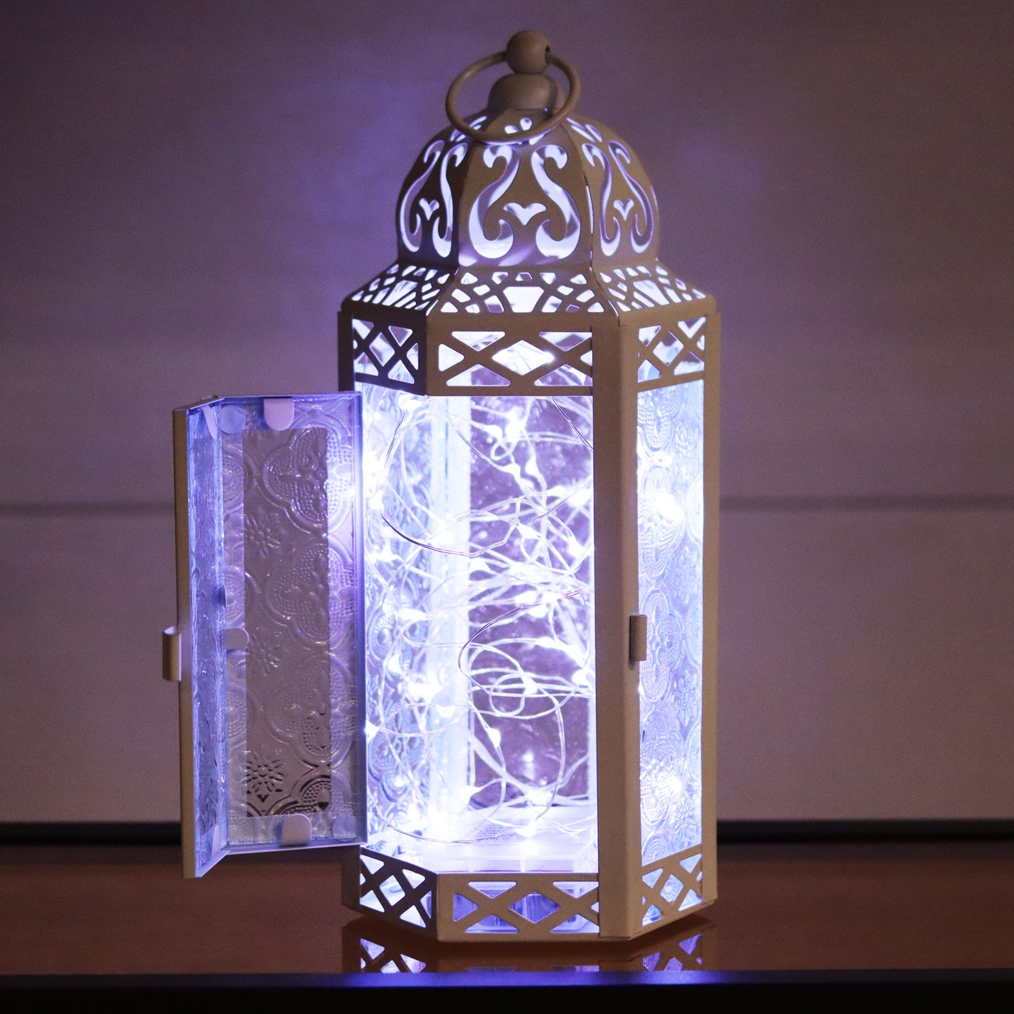 Stunning Ambient Lighting Safe and Stylish Glass Metal Moroccan Candle Lantern Holder Lamp with Battery-Operated LED Lights plus Remote Control – Handcrafted Lantern with Intricate Design and Embossed Glass, Indoor Home Dec