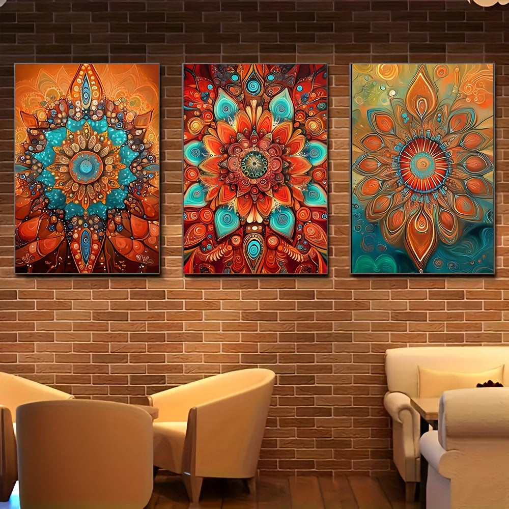 3pcs Bohemian Abstract Floral Canvas Art Set, Geometric Mandala Wall Decor, Unframed Spray-Painted Posters for Living Room, Bedroom, Home Office - Classic Retro Style, Vertical Orientation