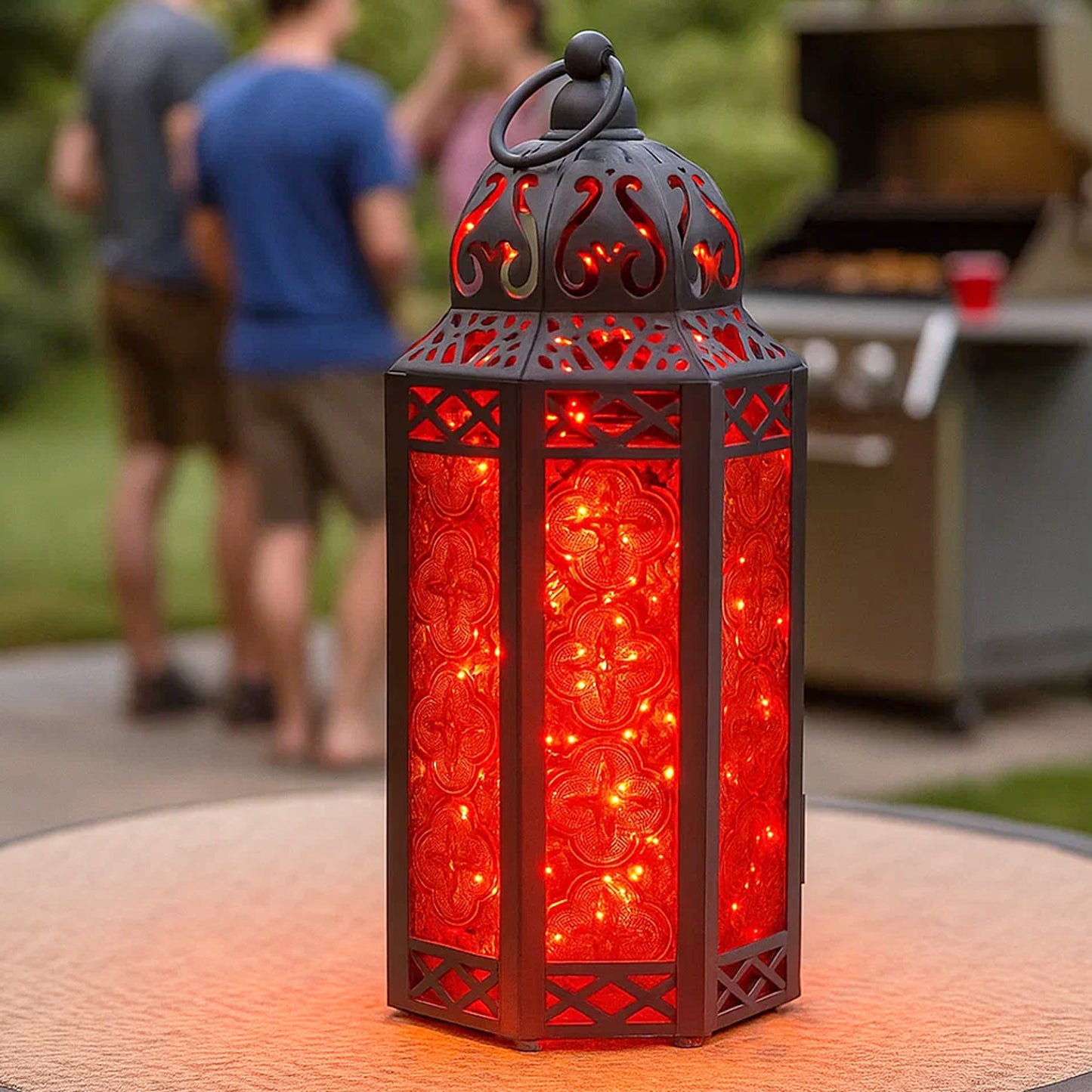 Stunning Ambient Lighting Safe and Stylish Glass Metal Moroccan Candle Lantern Holder Lamp with Battery-Operated LED Lights plus Remote Control – Handcrafted Lantern with Intricate Design and Embossed Glass, Indoor Home Dec