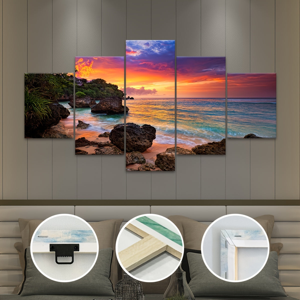 5pcs Frame Nature Seaside Lakes Canvas Poster, Sunrise Sunset Sea View Five Panel Scene Art, Modular Picture, Print Painting, Modern Art, Ideal Decor for Bedroom Living Room Kitchen Dorm, Wall Decoration, Gift for Family Frie