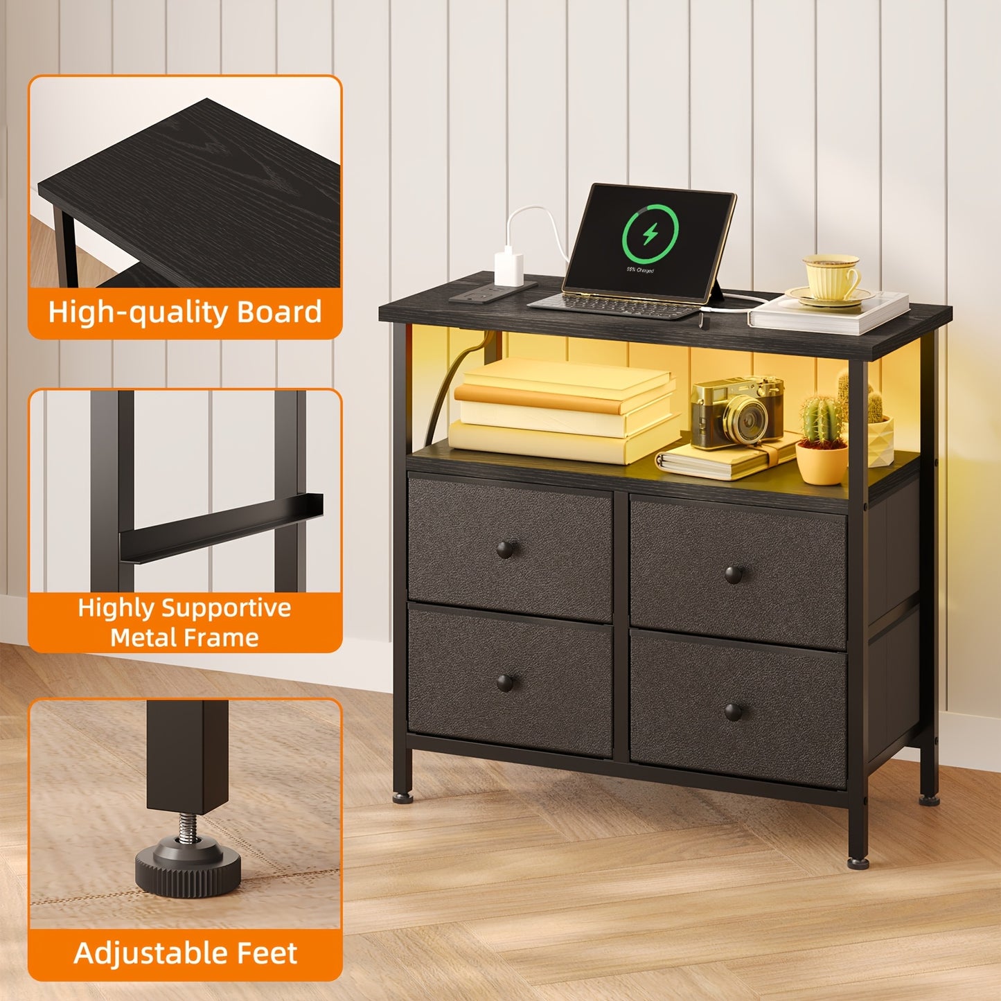 WHONLINE Night Stand with Charge Station, Bedside Table, Nightstand with 4 Drawers Bedside Table, LED Storgae Cabinet with Open Storage Shelf, Side Table for Bedroom Office, School And Dormitory Storage, for Halloween And Chr