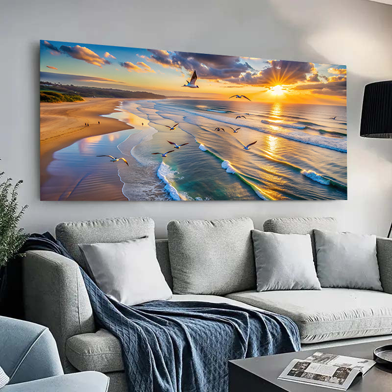 1pc Frameless Modern Beach Sunset Canvas Poster, 27.55x55.11 inches, Waves and Seagulls Wall Art for Bedroom and Living Room Decor, No Frame, Coastal Home Decor