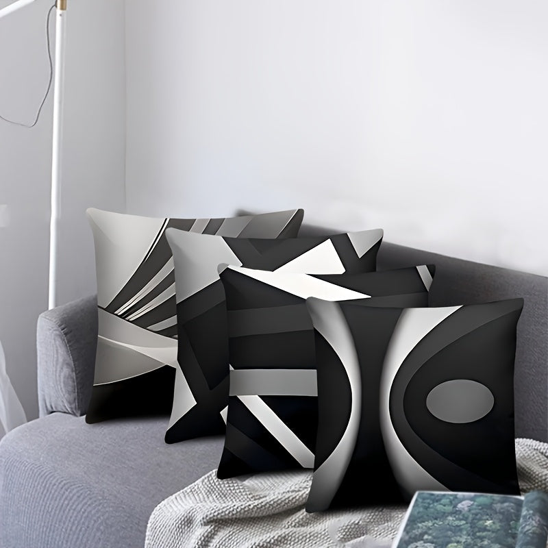 Set Of 4 Black Throw Pillow Covers Modern Abstract Grey Stripes Gray White Acrylic Bold Decorative Pillow Cases, Cozy Washable Polyester Cushion Covers For Home Decor Square 17.7x17.7 Inches Pillowcases (Pillow Insert Not Inc