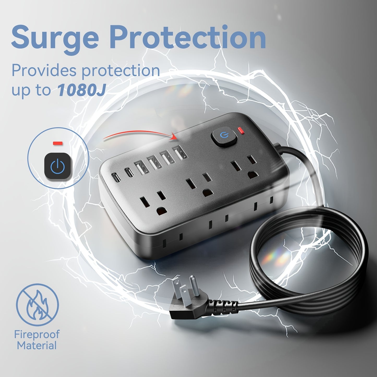 Slim 6-Outlet Power Strip with 6 USB Connections (2 USB-C) | 5FT/10FT Cable, Suitable for Wall Mounting in Offices, Schools, And Dormitories