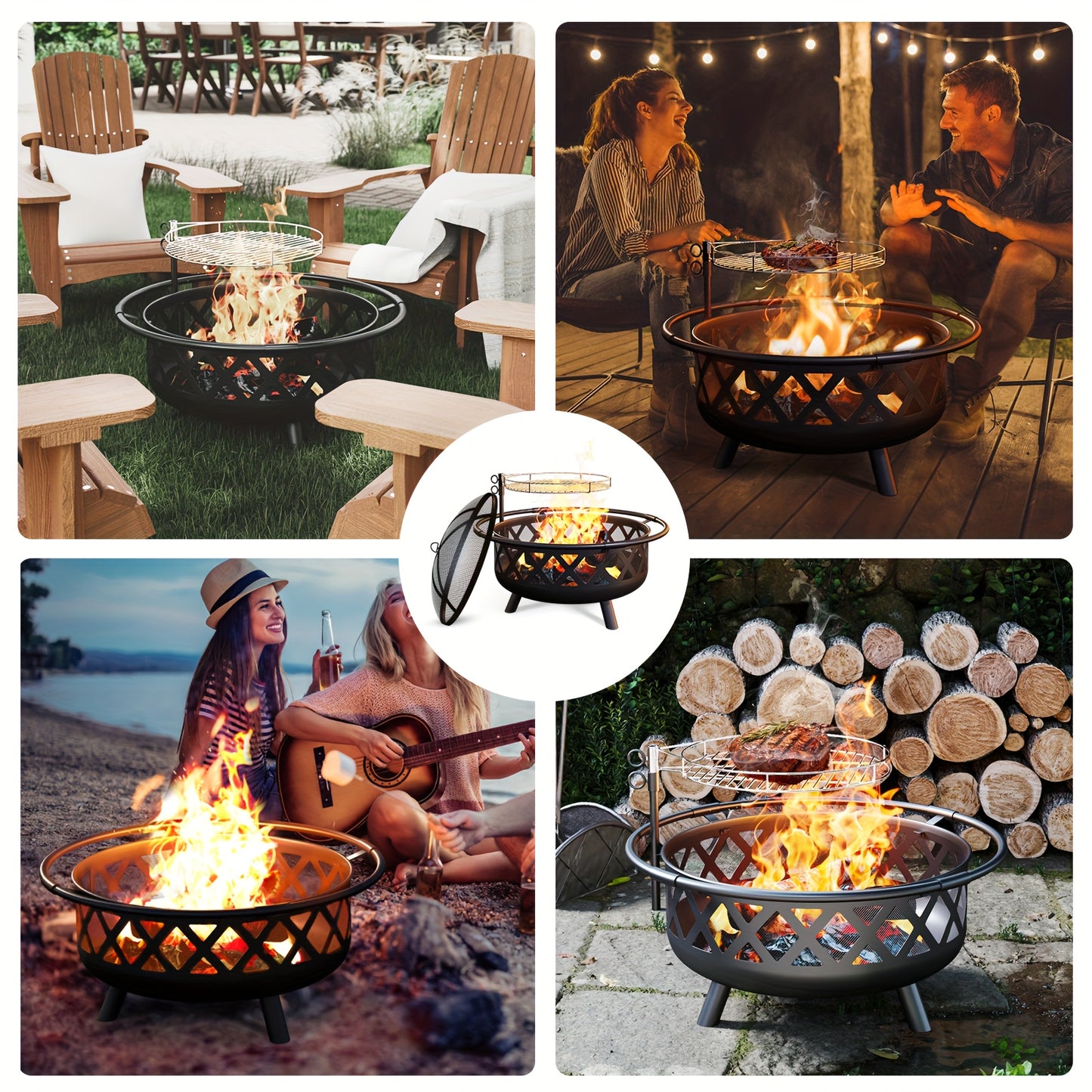 30" 2-in-1 Fire Pit with Metal BBQ Grill & Spark Screen - Durable Zinc Alloy Outdoor Fire Pit for Patio, Backyard, and Garden Use - Black Wood Burning Design with Handles for Easy Handling