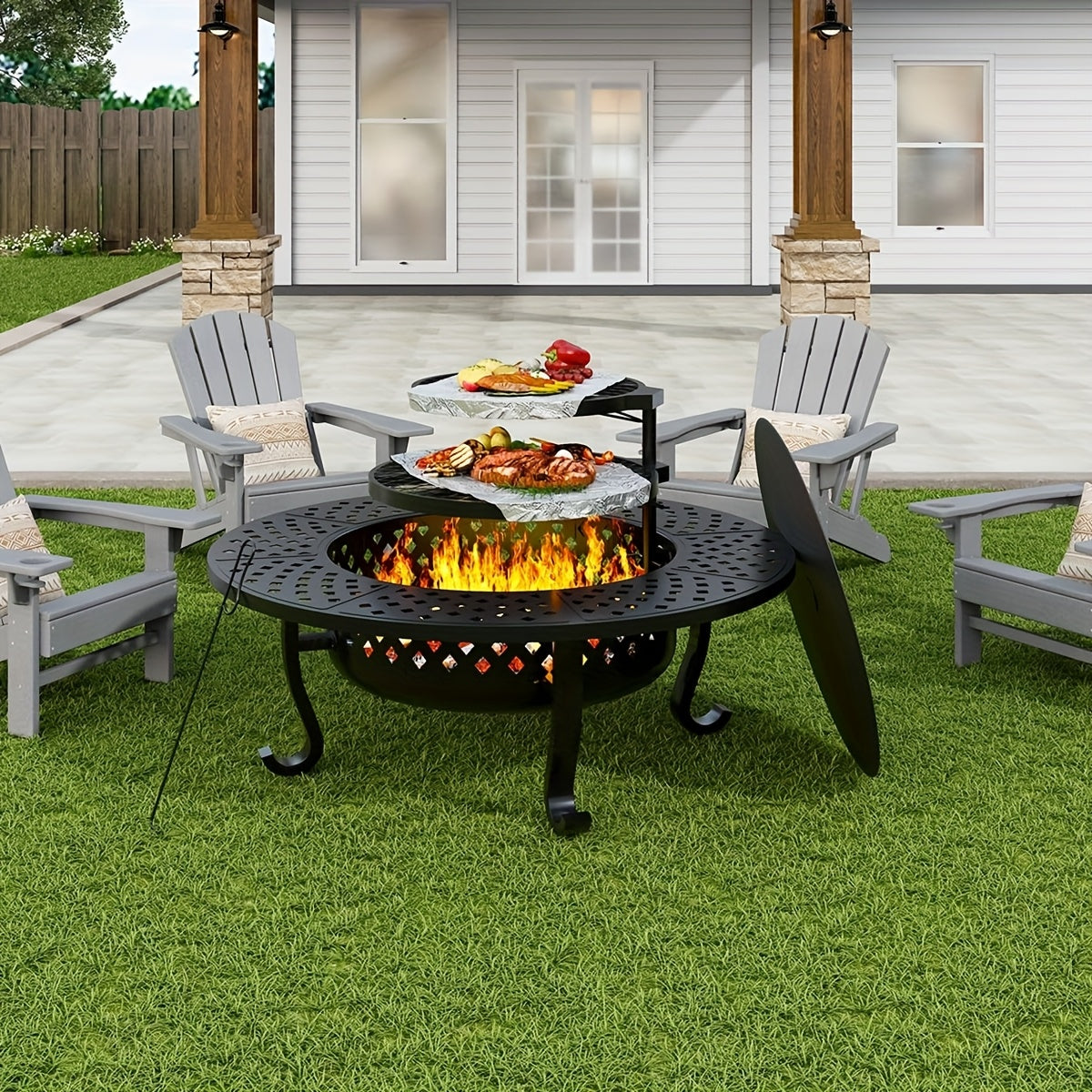 43" Outdoor Fire Pit With 2 Grill, Wood Burning Firepit For Outside With Lid & Fire Poker
