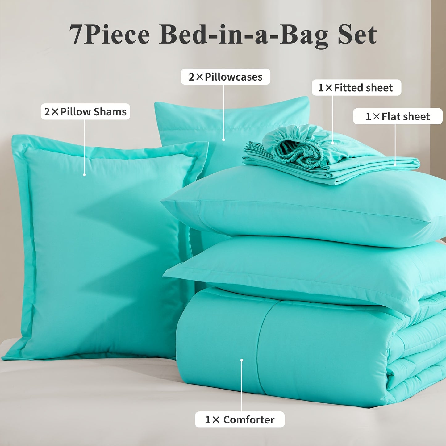 7pcs Ultra-Soft Bed In A Bag, Down Alternative Bedding Sets with All Season Quilted Comforter, Flat Sheet, Fitted Sheet, Pillowcases - Gifts for The Family And Friends, RUIKASI, Machine Washable, Polyester 100, Acrylic 15, Sa