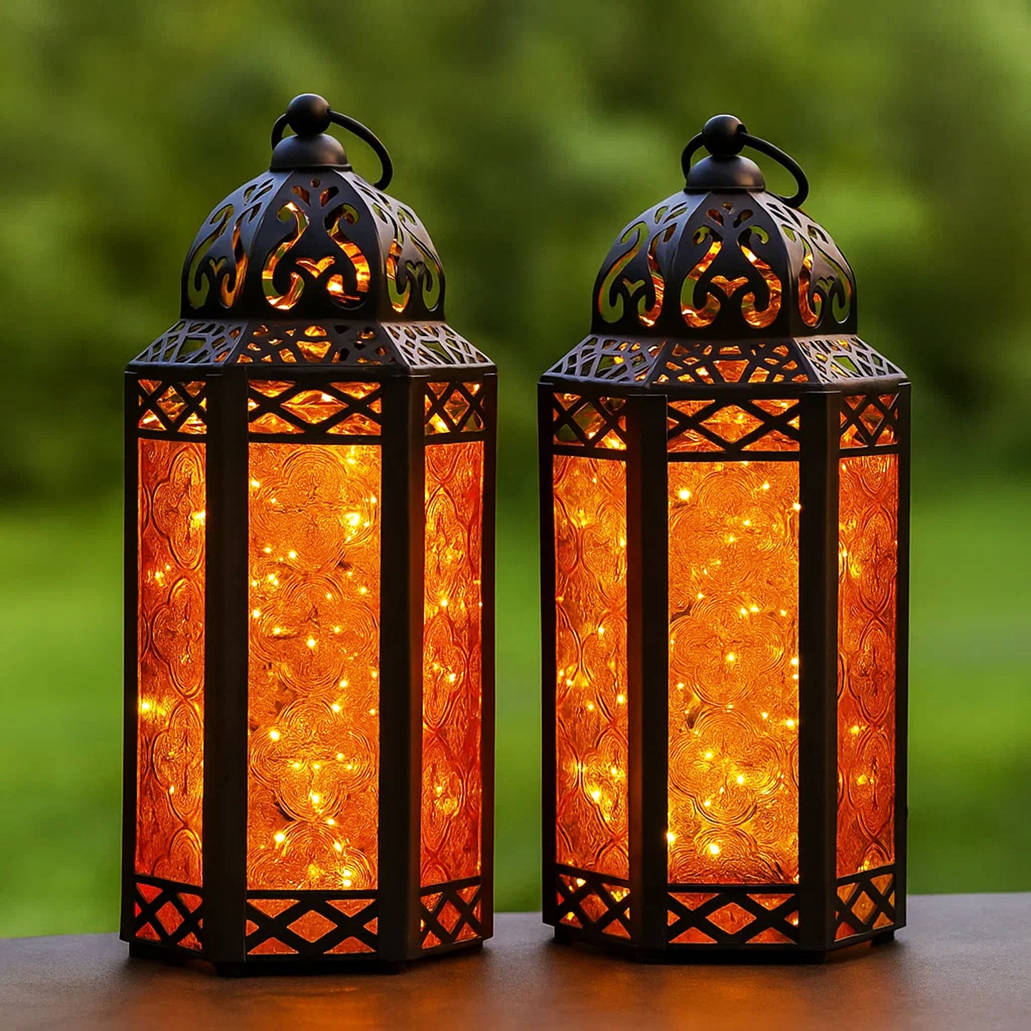 Stunning Ambient Lighting Safe and Stylish Glass Metal Moroccan Candle Lantern Holder Lamp with Battery-Operated LED Lights plus Remote Control – Handcrafted Lantern with Intricate Design and Embossed Glass, Indoor Home Dec